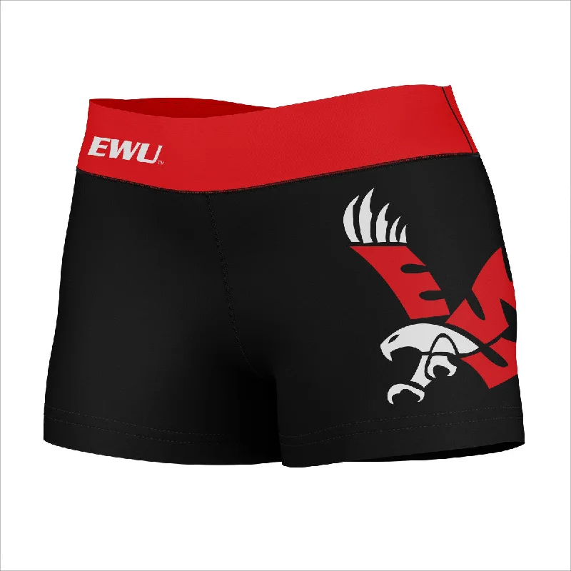 Eastern Washington Eagles EWU Logo on Thigh & Waistband Black & Red Womens Yoga Booty Workout Shorts 3.75 In by Vive La Fete Elegant Minimalist Shorts