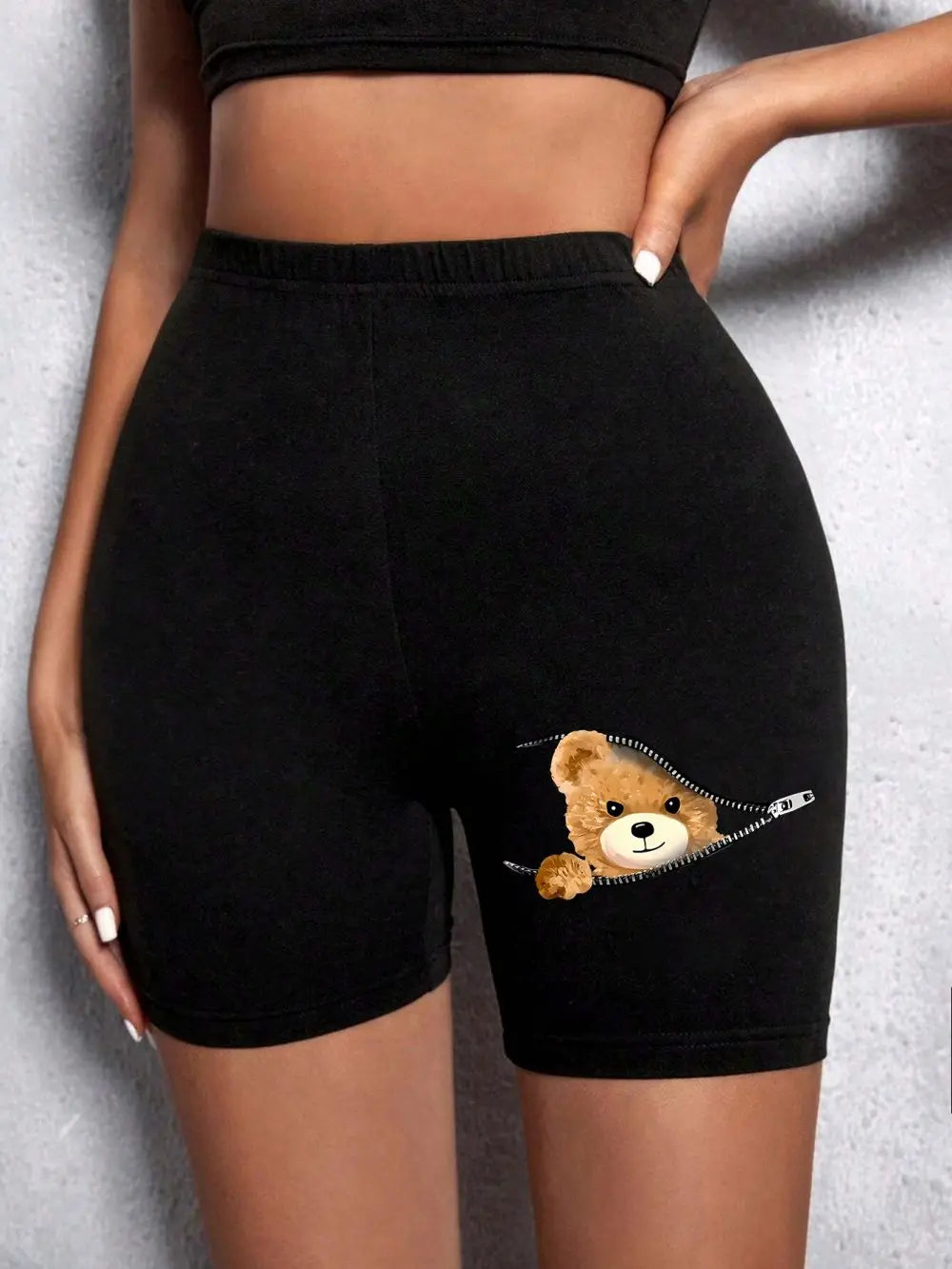 Fashion Women Leggings Short Teddy Bear Appears Funny Graphic Printing Sports Shorts High Elastic Soft Thin Female Streetwear Sleek Tapered Shorts