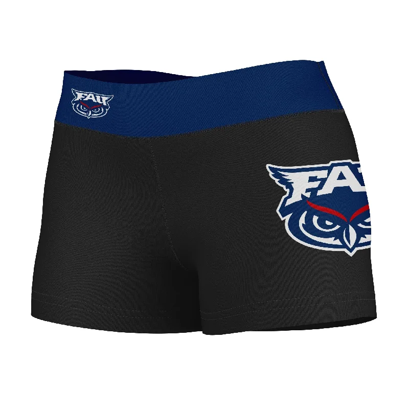 FAU Owls Game Day Logo on Thigh and Waistband Black and Blue Womens Yoga Booty Workout Shorts by Vive La Fete Vacation-Ready Shorts