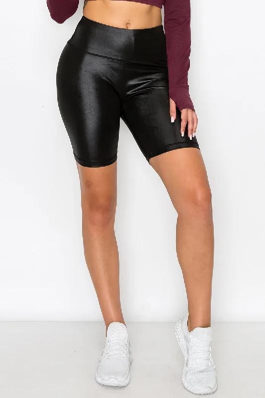 Faux Leather High Rise Biker Shorts Sporty Drawstring Shorts