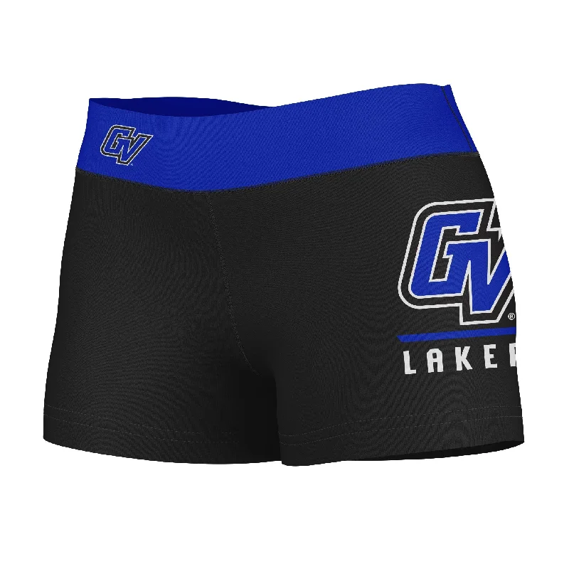 GVSU Lakers Game Day Logo on Thigh and Waistband Black & Blue Womens Yoga Booty Workout Shorts by Vive La Fete Bold Neon Shorts