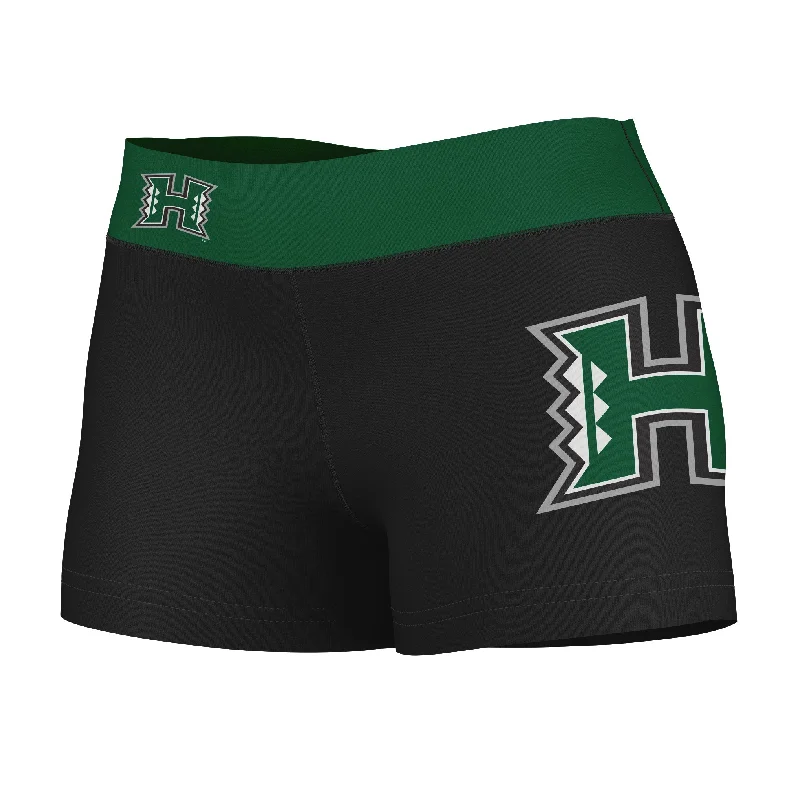 Hawaii Warriors Logo on Thigh and Waistband Black & Green Womens Yoga Booty Workout Shorts by Vive La Fete Classic Denim Shorts