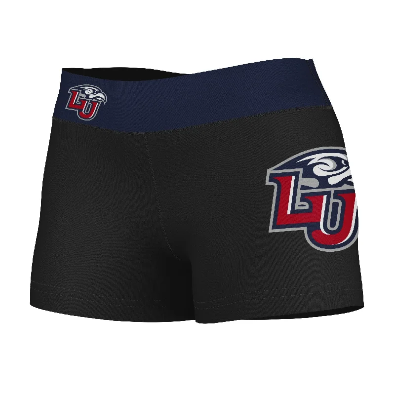 Liberty Flames Game Day Logo on Thigh and Waistband Black & Navy Booty Workout Shorts by Vive La Fete Sporty Mesh Shorts