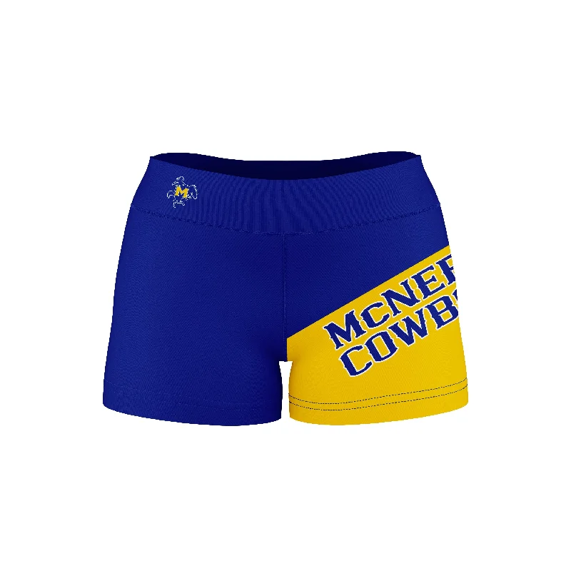 McNeese State Cowboys Game Day Collegiate Leg Color Block Blue Gold Optimum Womens Yoga Shorts by Vive La Fete Elegant Draped Shorts