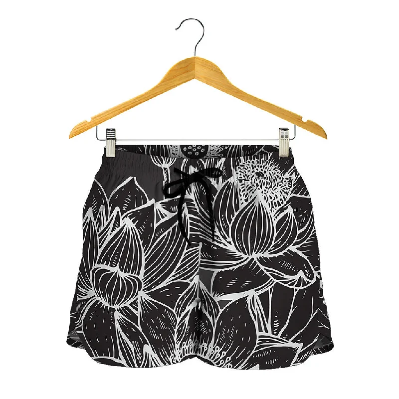 Monochrome Lotus Print Women's Shorts Feminine Bow Shorts