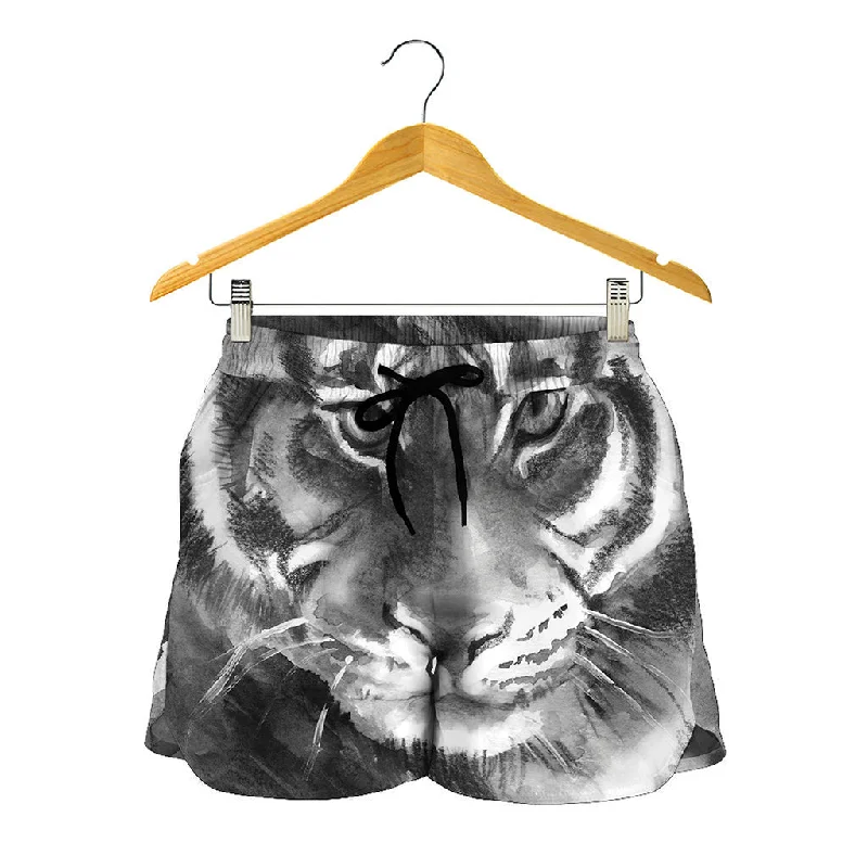 Monochrome Watercolor White Tiger Print Women's Shorts Stylish Cargo Shorts