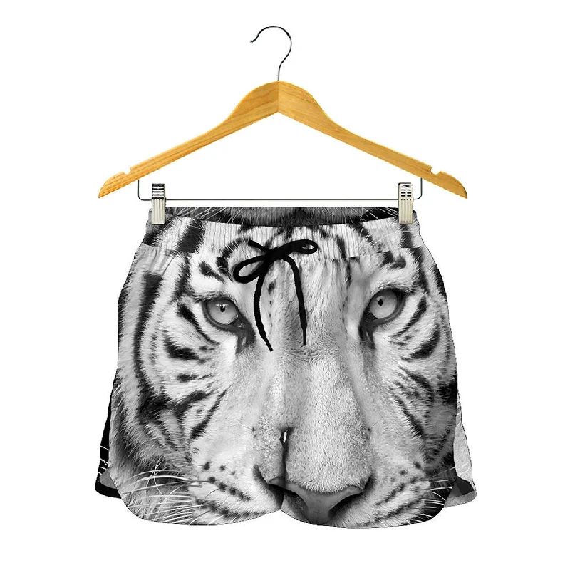 Monochrome White Bengal Tiger Print Women's Shorts Comfortable Street Shorts