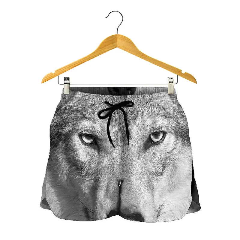 Monochrome Wolf Print Women's Shorts Everyday Sport Shorts