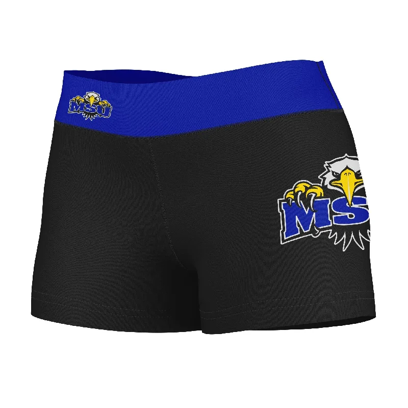 Morehead State Eagles Logo on Thigh and Waistband Black & Blue Womens Yoga Booty Workout Shorts by Vive La Fete Elegant Draped Shorts