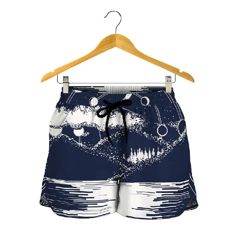 Mystical Lunar Phase Print Women's Shorts Pleated Work Shorts