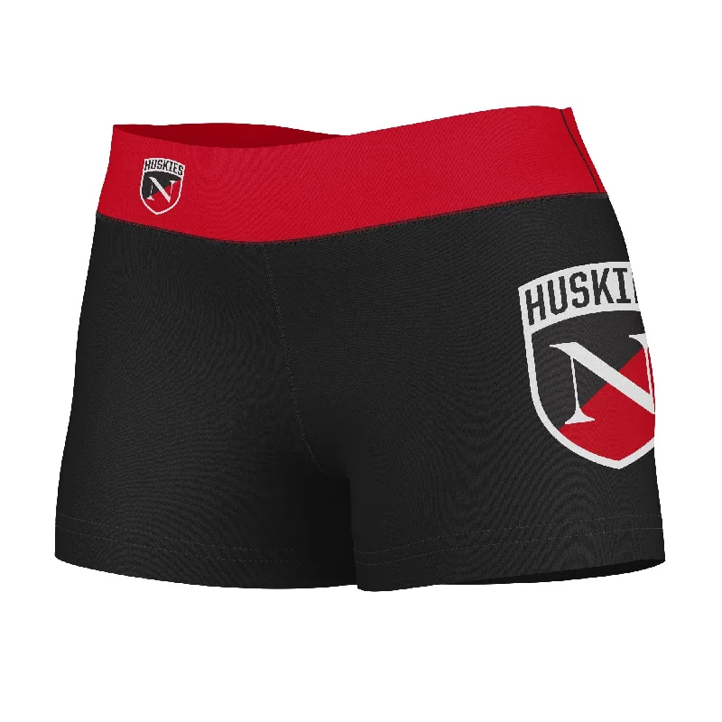 Northeastern University Huskies Logo on Thigh and Waistband Black and Red Womens Yoga Booty Workout Shorts by Vive La Fete Stylish Cargo Shorts