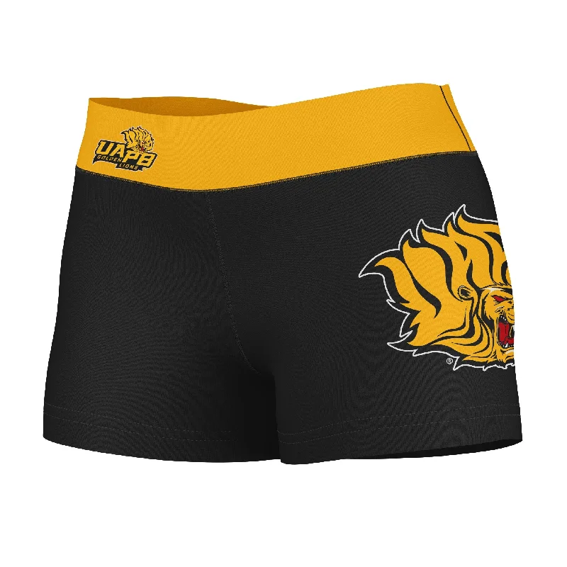 UAPB Golden Lions Logo on Thigh and Waistband Black & Gold Womens Yoga Booty Workout Shorts by Vive La Fete Versatile Everyday Shorts