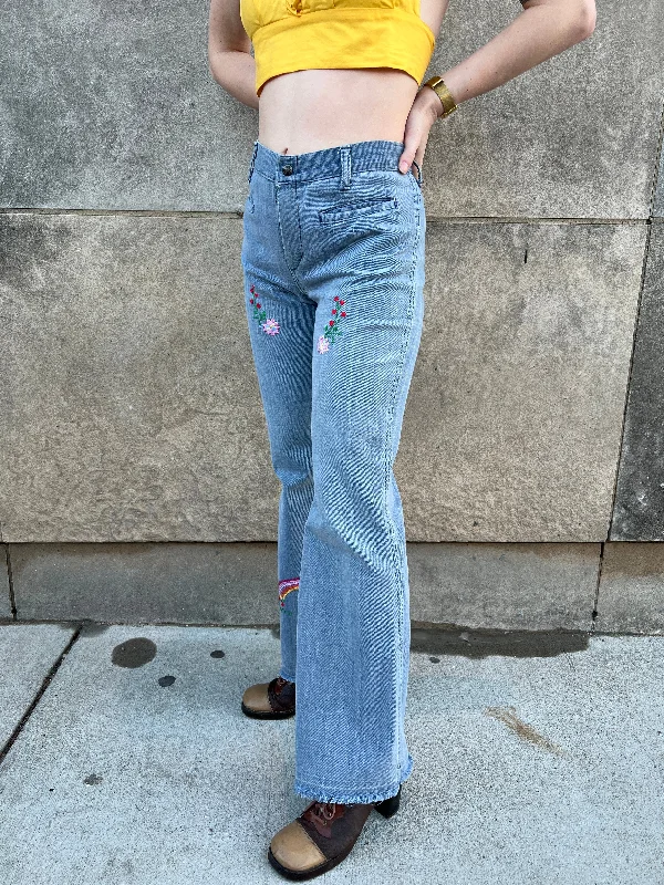 70s Faded Denim Jeans With Embroidery, Rooster Patch On Back Leather Biker Shorts