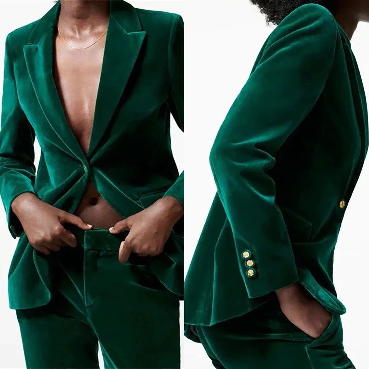 Autumn Velvet Women Pants Suits V Neck Evening Party Ladies Tuxedos Loose 2 Pieces Jacket and Pants Women's Leather Blazer