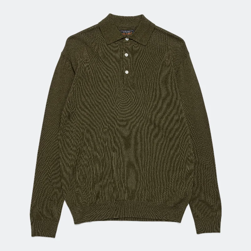 Knit Polo 12G - Olive Woolen Fitted Sweater