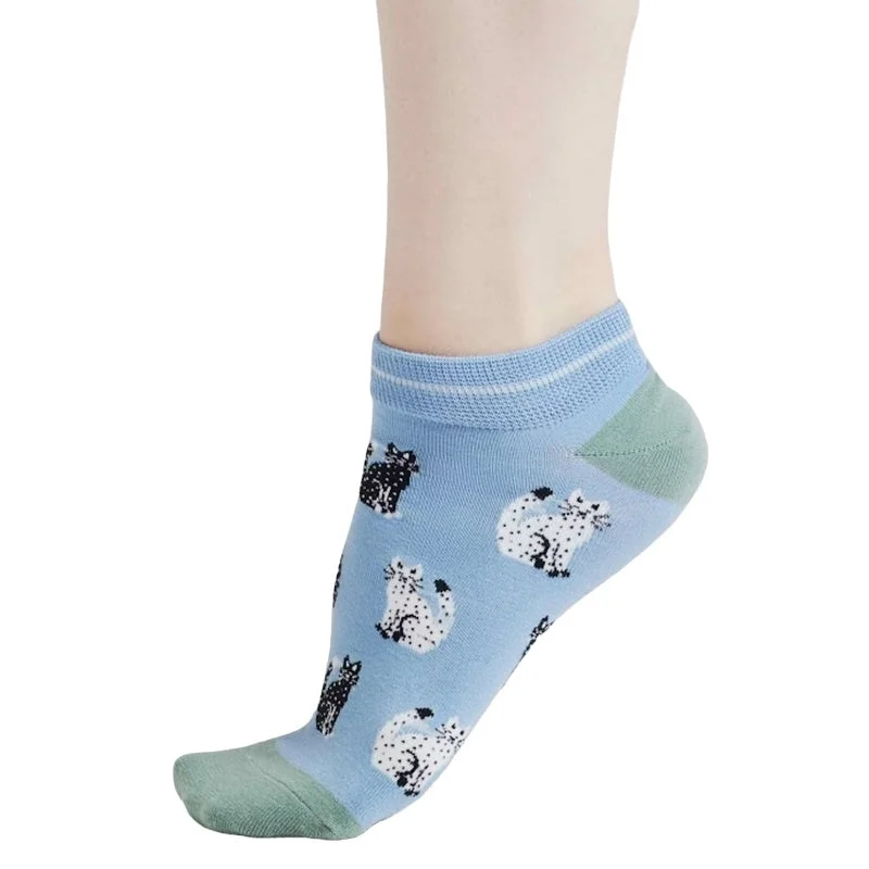 Celia Cat Bamboo Trainer Socks Violet Blue 4-7 Relaxed Cozy Jumper