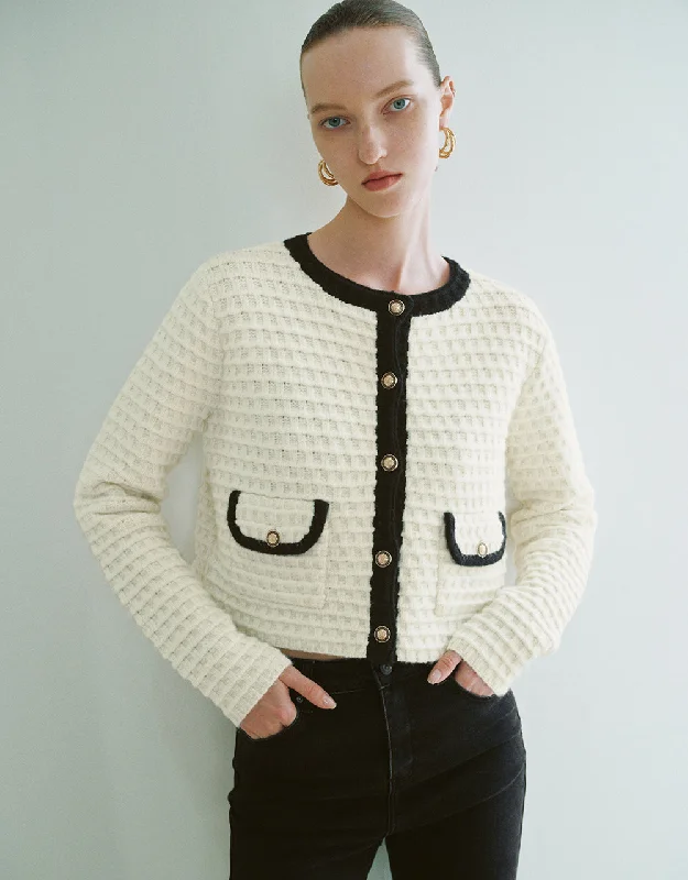 Crew Neck Knitted Cardigan Elegant Wool Jumper