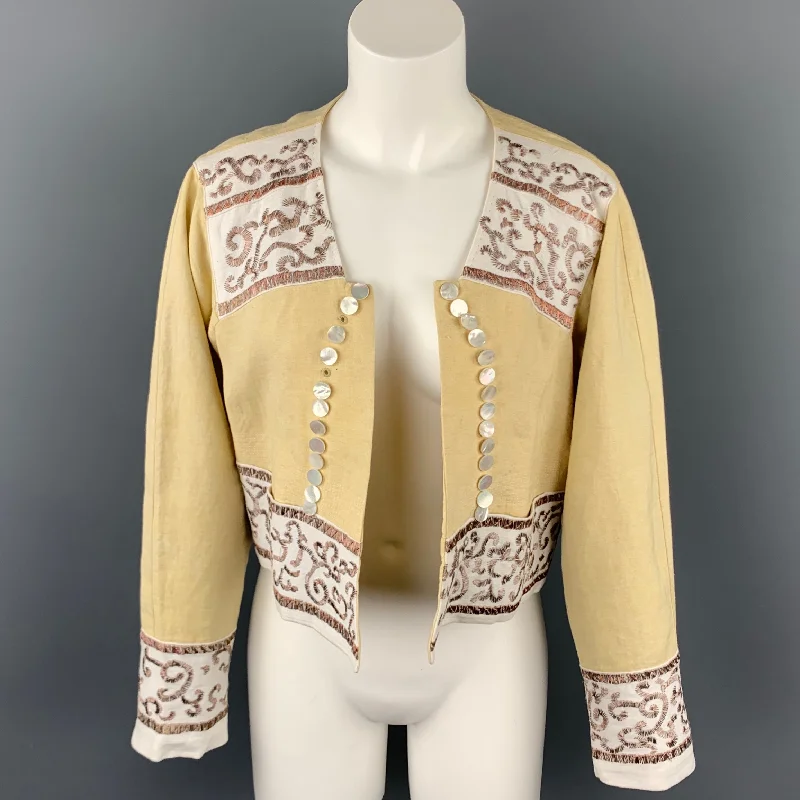 DRIES VAN NOTEN Size 4 Beige Embroidered Linen Open Front Jacket Women's Premium Blazer