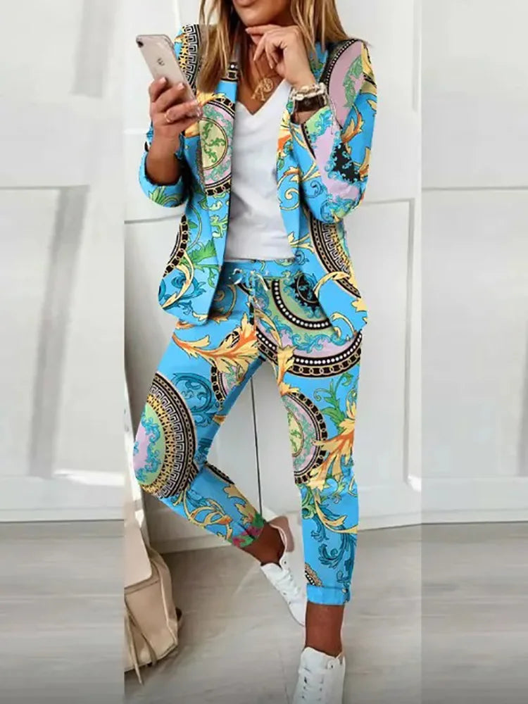 FZ Women's Print Two Piece All Season Slim Blazers Pants Suit Women's Formal Blazer