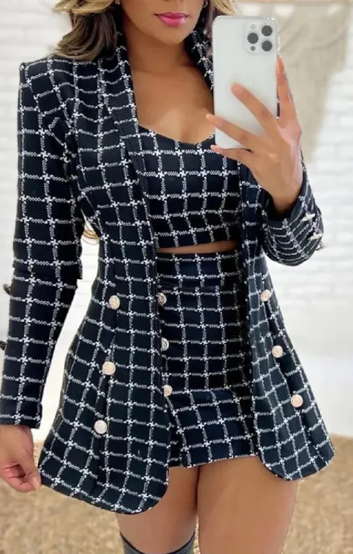 FZ Women's Plaid Print Blazer Coat & Skirt Suit Women's Designer Suit