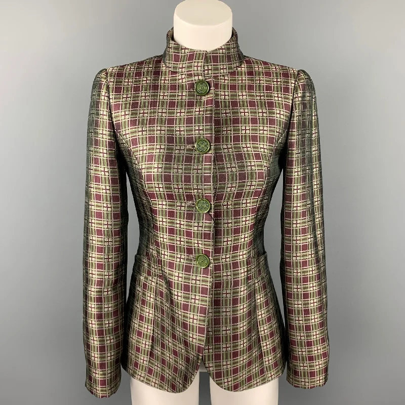 GIORGIO ARMANI Size 2 Burgundy / Green Plaid Wool Blend Nehru Collar Jacket Women's Solid Blazer