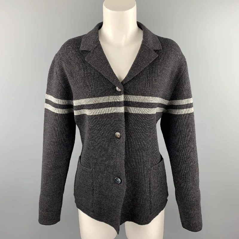 GIULIANO FUJIWARA Size L Gray Knitted Stripe Wool Buttoned Jacket Women's High-End Blazer