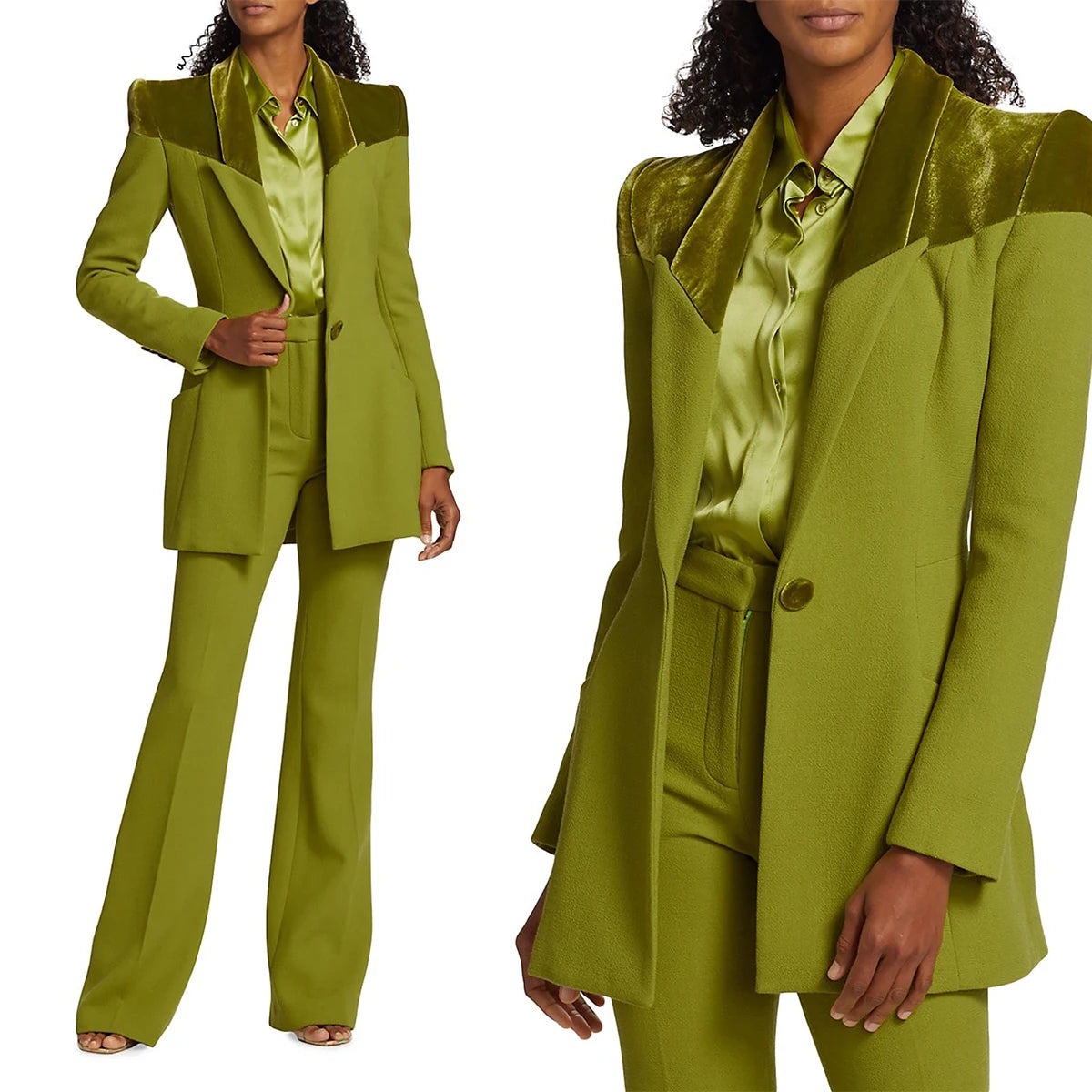 Green Women Suits Pant Set Blazer+Trousers Stitching Velvet Mother Guest Wedding Tuxedo Office Lady Formal Prom Dress Customize Women's Trendy Suit