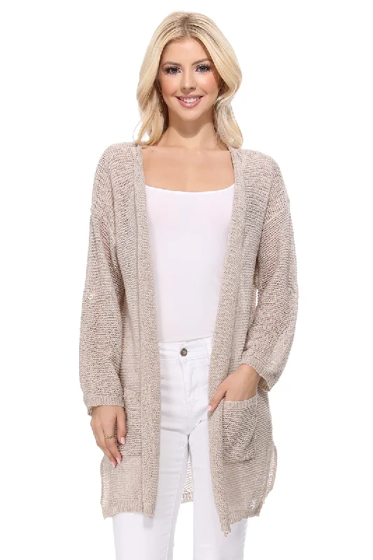 Yemak Women's Long Sleeve Knitted Open-Front Summer Sweater Cardigan with Pockets HK8072 (S/M - M/L) Casual Wool Pullover