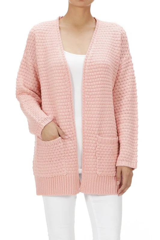 Yemak Women's Oversized Open Front Popcorn Knit Sweater Cardigan with Front Pockets HK8145 Cozy Feminine Pullover