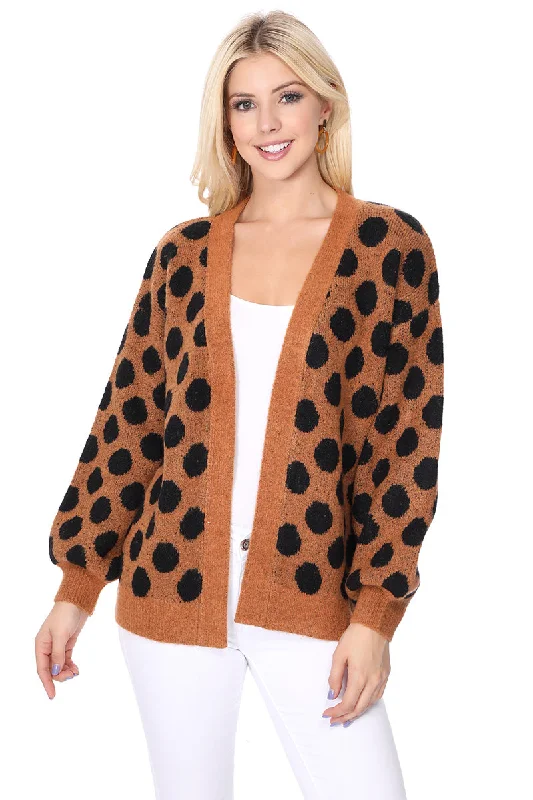 YEMAK Women's Chunky Polka Dot Open Front Long Sleeve Jacket Sweater Cardigan HK8254 Fuzzy Wool Pullover