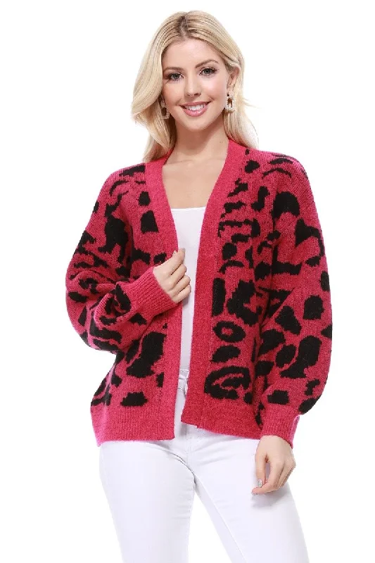 Yemak Women's Chunky Leopard Print Open Front Long Sleeve Jacket Sweater Cardigan HK8254LEO Lightweight Knitted Sweater