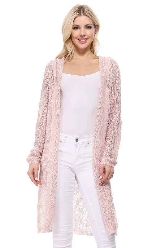 Yemak Women's Long Sleeve Open Front Knit Long Sweater Summer Cardigan with Pockets and Hoodie HK8266 Soft Woolen Pullover