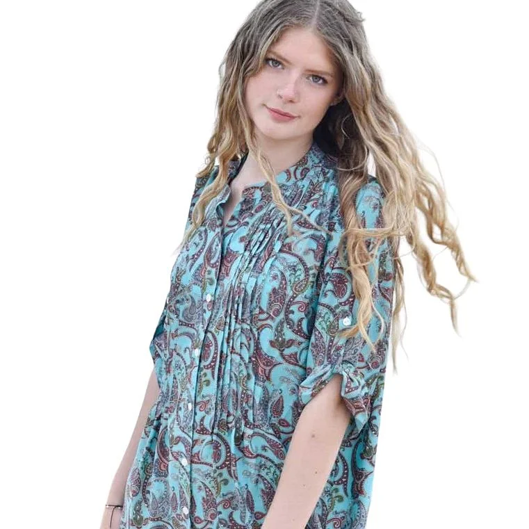 India Pin Tucked Blue Paisley Print Shirt Dress Oversized Wool Sweater