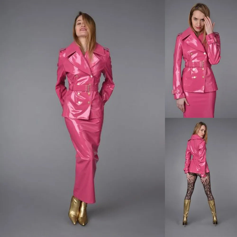 Pink Leather Women Blazer Dress Suits Slim Fit Mother of The Bride Prom Party Guest Wedding Wear 2 Pieces Women's Vacation Suit