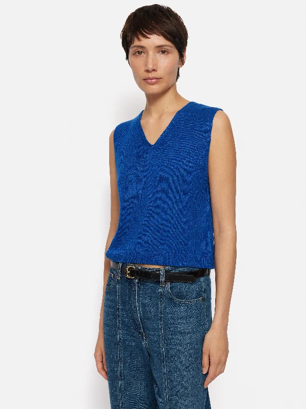 Linen Slub Cropped V Tank Top | Blue Ultra-Soft Wool Sweater