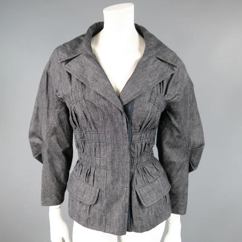 LOUIS VUITTON Size 6 Navy Cotton / Ramie Ruched Sleeve Jacket Women's Solid Blazer