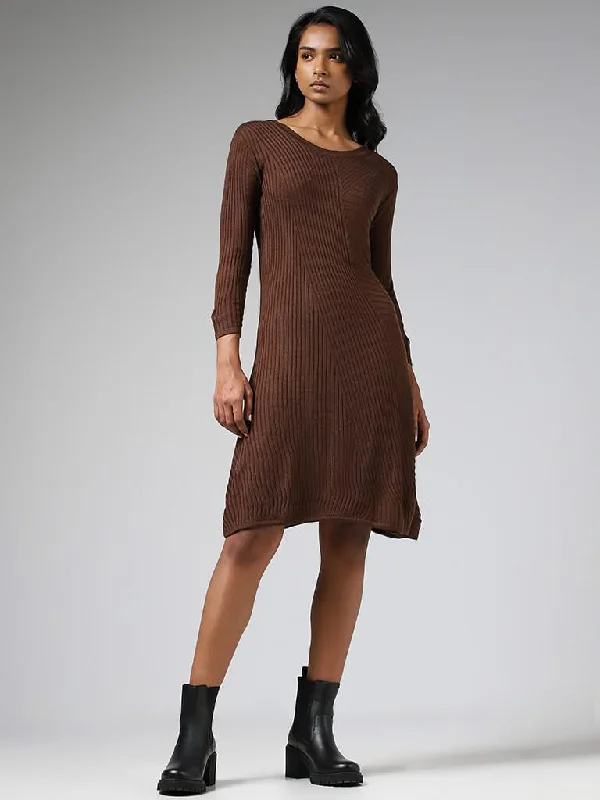 LOV Chocolate Brown Crisscross Striped Sweater Dress Women's Unique Blazer