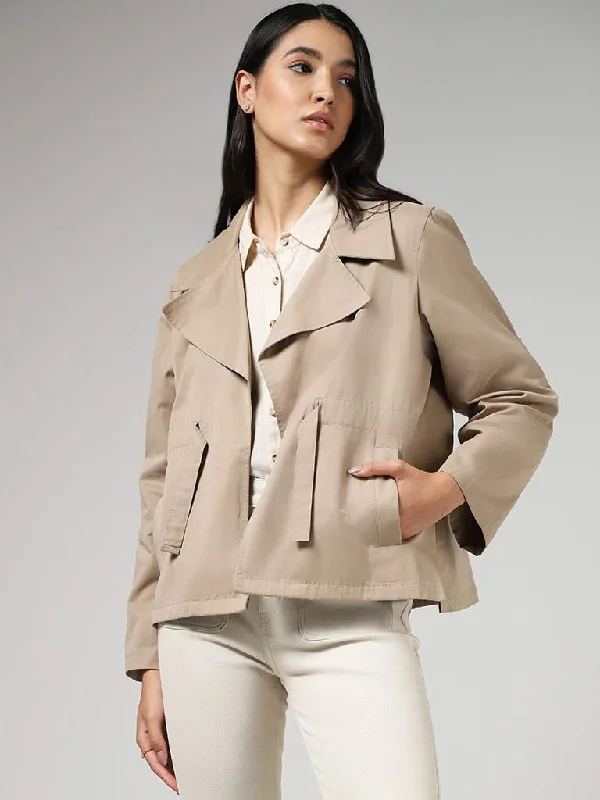 LOV Solid Beige Tie-Up Jacket Spring Women's Coat