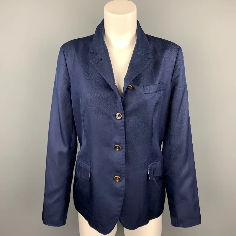 LUCIANO BARBERA Size 12 Navy Silk Notch Lapel Cropped Blazer Women's Advanced Suit