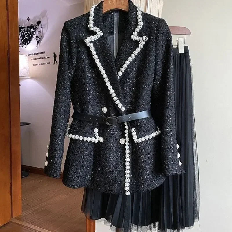 Luxury Pearl Women's Suit Set Jacket Blazer+Mesh Pleated Prom Dress 2 Pieces Sets Black Korean Skirt with Belt in Stock Women's Casual Suit