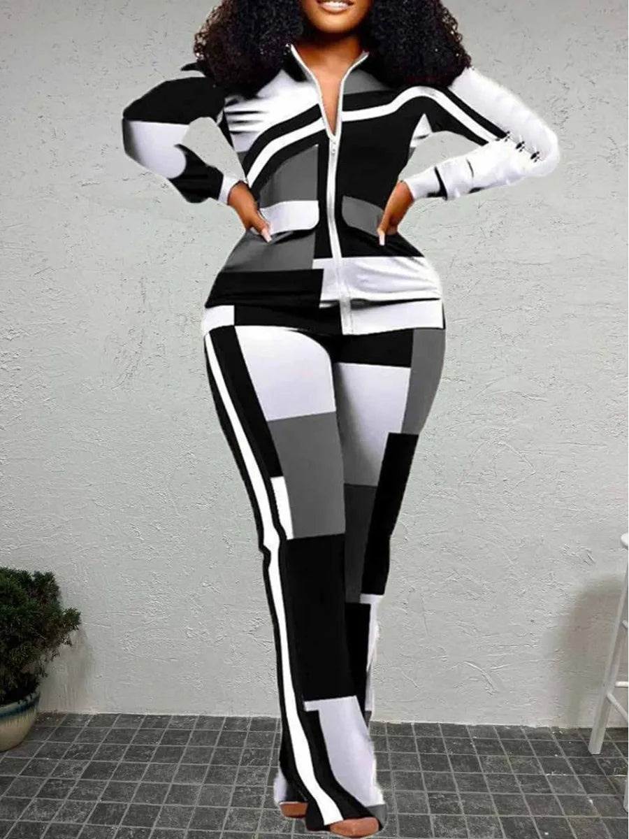 FZ Women's Plus Size Patchwork  Geometric Print Striped Flared Pants Suit Women's Radiation Jacket