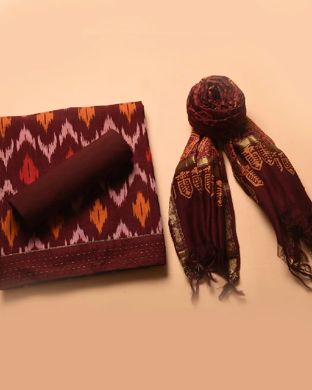 Maroon With Red Pure Cotton Ikat Unstitched Suit Fabric Set With Chanderi Printed Dupatta Women's Trendy Suit