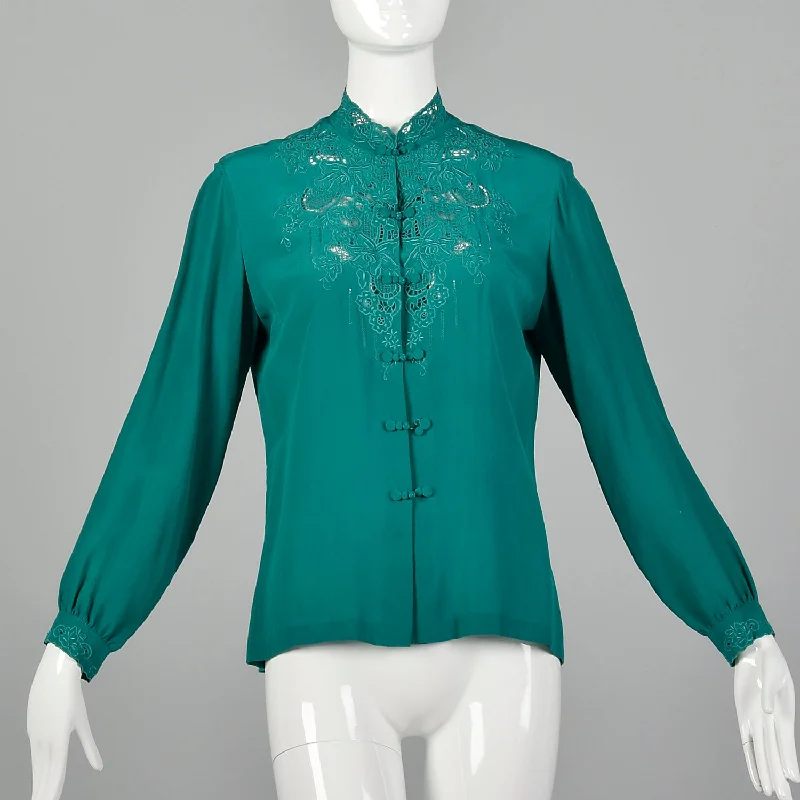 Medium 1960s Kelly Green Silk Blouse Women's Fashion Blazer