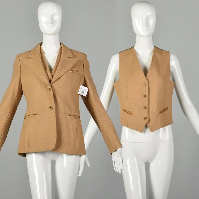 Medium 1970s Tan Matching Wool Set Camel Blazer Bohemian Vest Women's Designer Suit