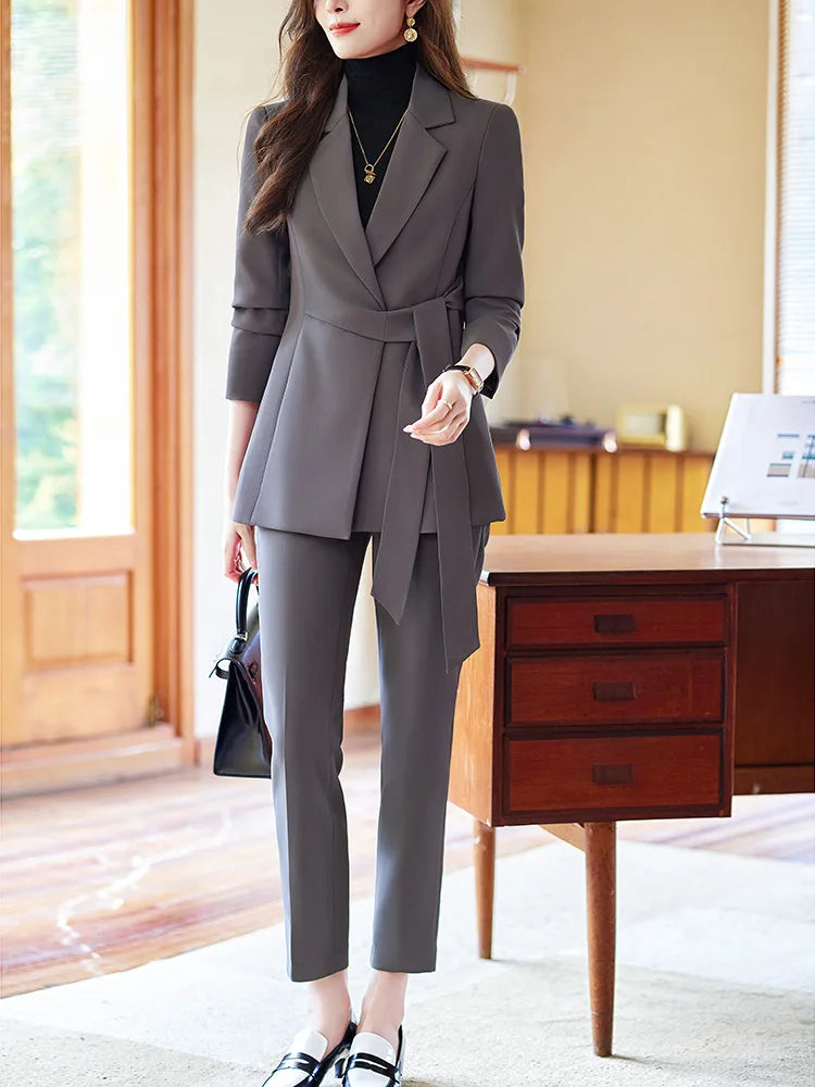 Office Lady Suit Women's Senior Blazer+Pants Sets Jacket with Belt Outfits for Party Women's High-End Blazer