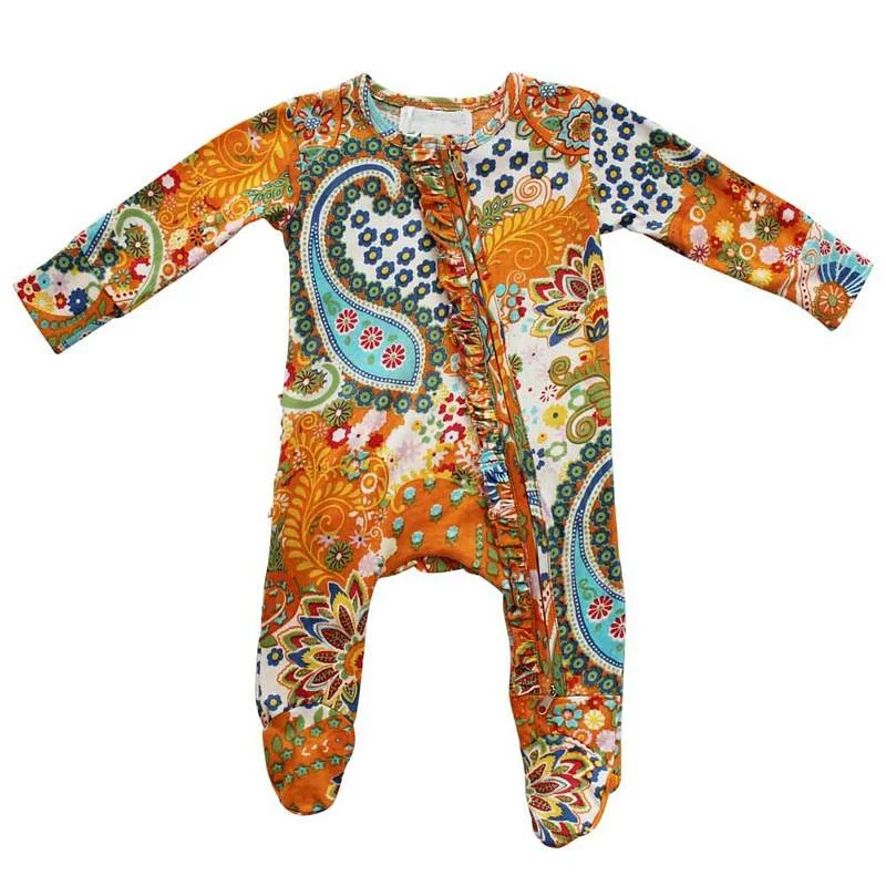 Orange Paisley Jumpsuit With Zip Elegant High-Neck Knit