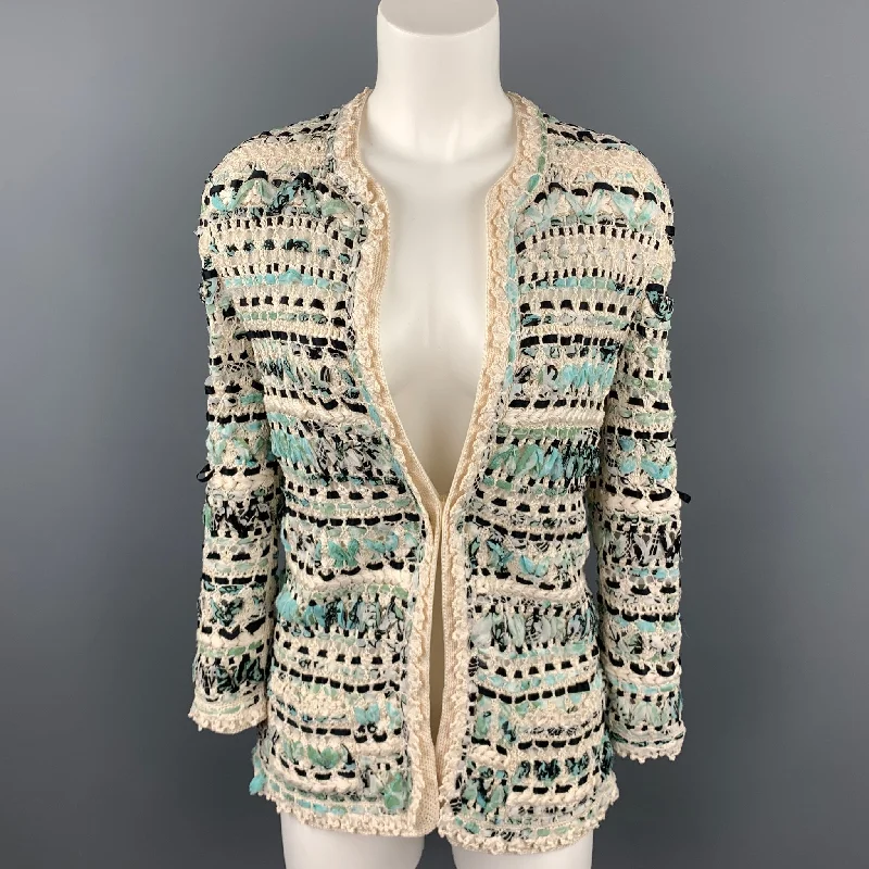 OSCAR DE LA RENTA Size S Cream & Teal Blue Woven Silk Crochet Cardigan Jacket Women's Business Blazer