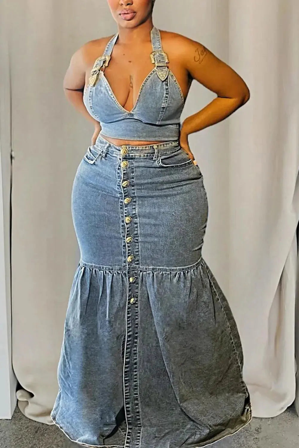 FZ Women's Plus Size V Neck Two Piece Denim Skirt Suit High-End Women's Suit