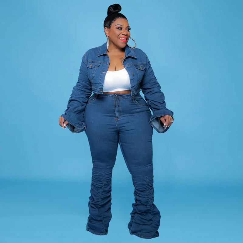 FZ Women's Plus Size Denim Two-Piece Pants Suit Women's Vintage Suit