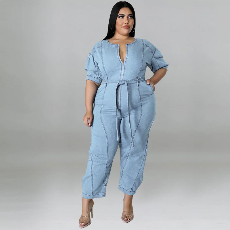 FZ Women's Plus Size Short Sleeve Zipper Wash Denim Jumpsuit Women's Custom Jacket